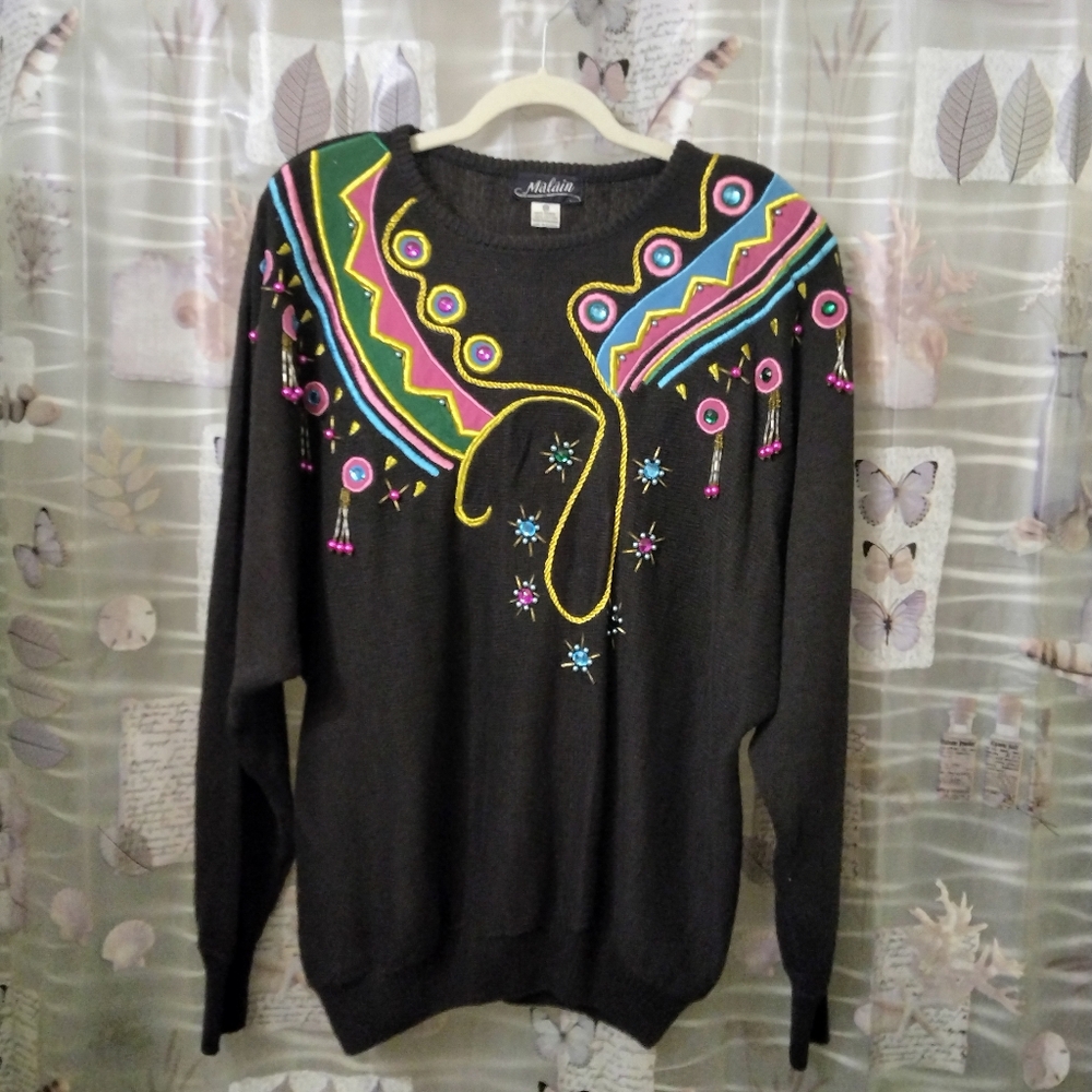 Vintage Malain Black Ramie-Cotton Blend Colorful Embroidered Beaded Sweater 2X